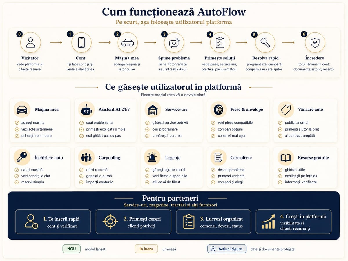 Cum funcționează AutoFlow: vizitator → cont → mașina mea → spune problema → primește soluții → rezolvă rapid → încredere. Module: Mașina mea, Asistent AI, Service-uri, Piese și anvelope, Vânzare, Închiriere, Carpooling, Urgențe, Cere oferte, Resurse. Pentru parteneri: înscriere, cereri, lucru organizat, creștere.